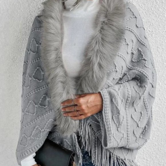 Gray Faux fur Trim Textured Knit  Open front Sweater Cardigan - Picture 3 of 9